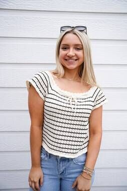 NEW DOE AND RAE vintage striped crochet knit top in cream